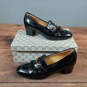 Gucci Black Leather Kiltie Horsebit Block Heel Loafers